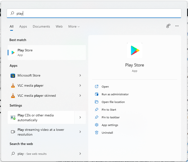 Boutique Google Play dans Windows 11