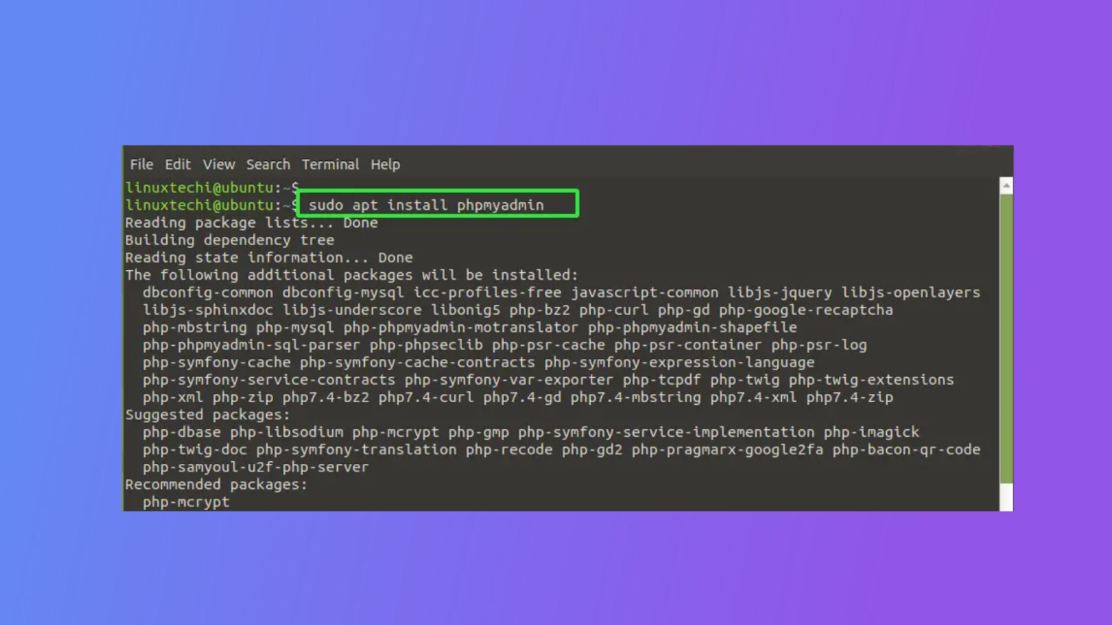 Code to install phpmyadmin