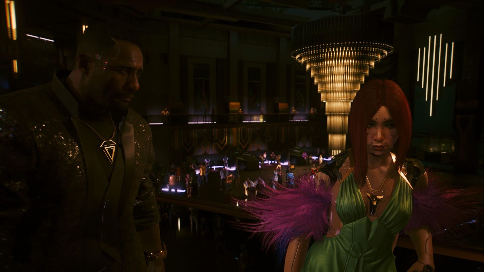 An in game screenshot of Solomon Reed and and Songbird from the game Cyberpunk 2077. 