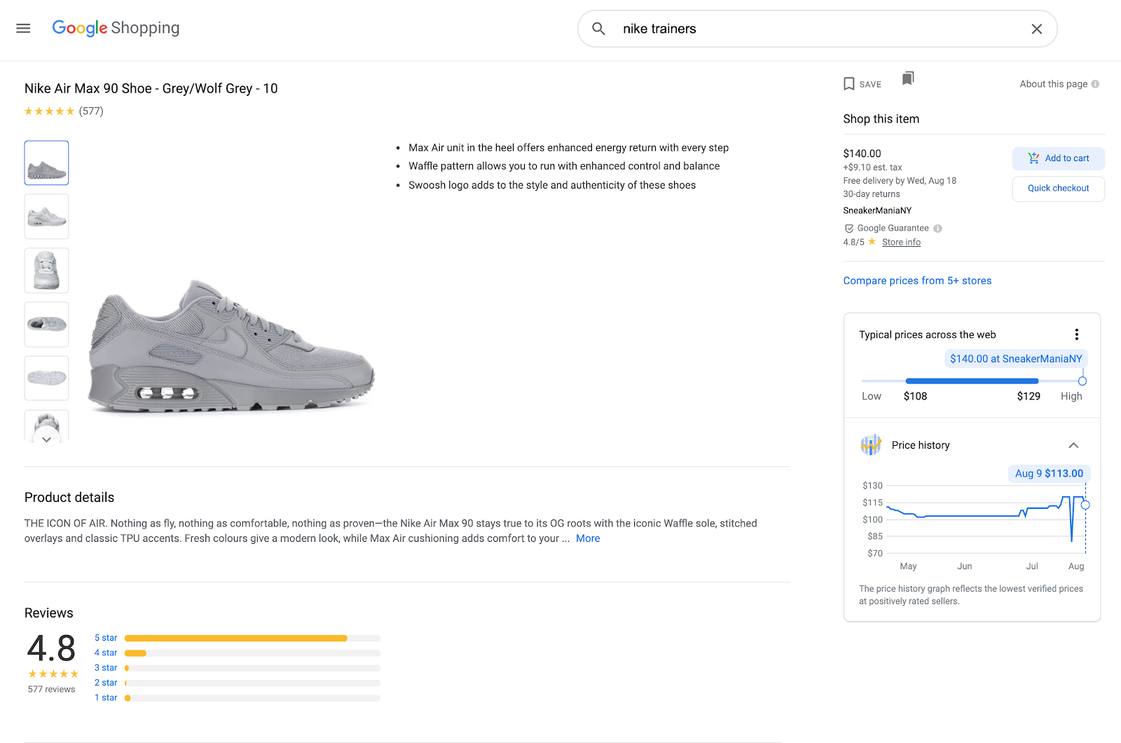 Screenshot of a Google Shopping page showing Nike Air Max shoes with the new price comparison graph on the right hand side