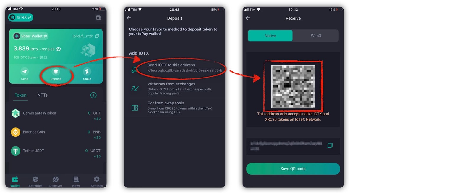 Screenshot of steps to receive IOTX in ioPay app