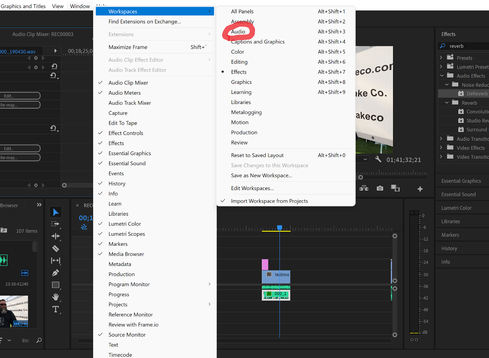 Premiere Pro Remove Background Noise - Find the workspaces tab at the top of the open program and select Audio.