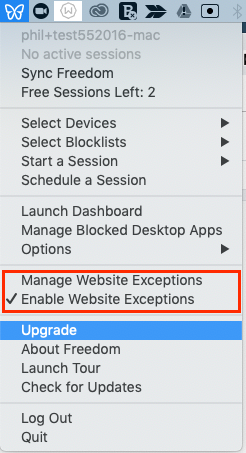 To enable Website Exceptions, select 'Enable Website Exceptions'