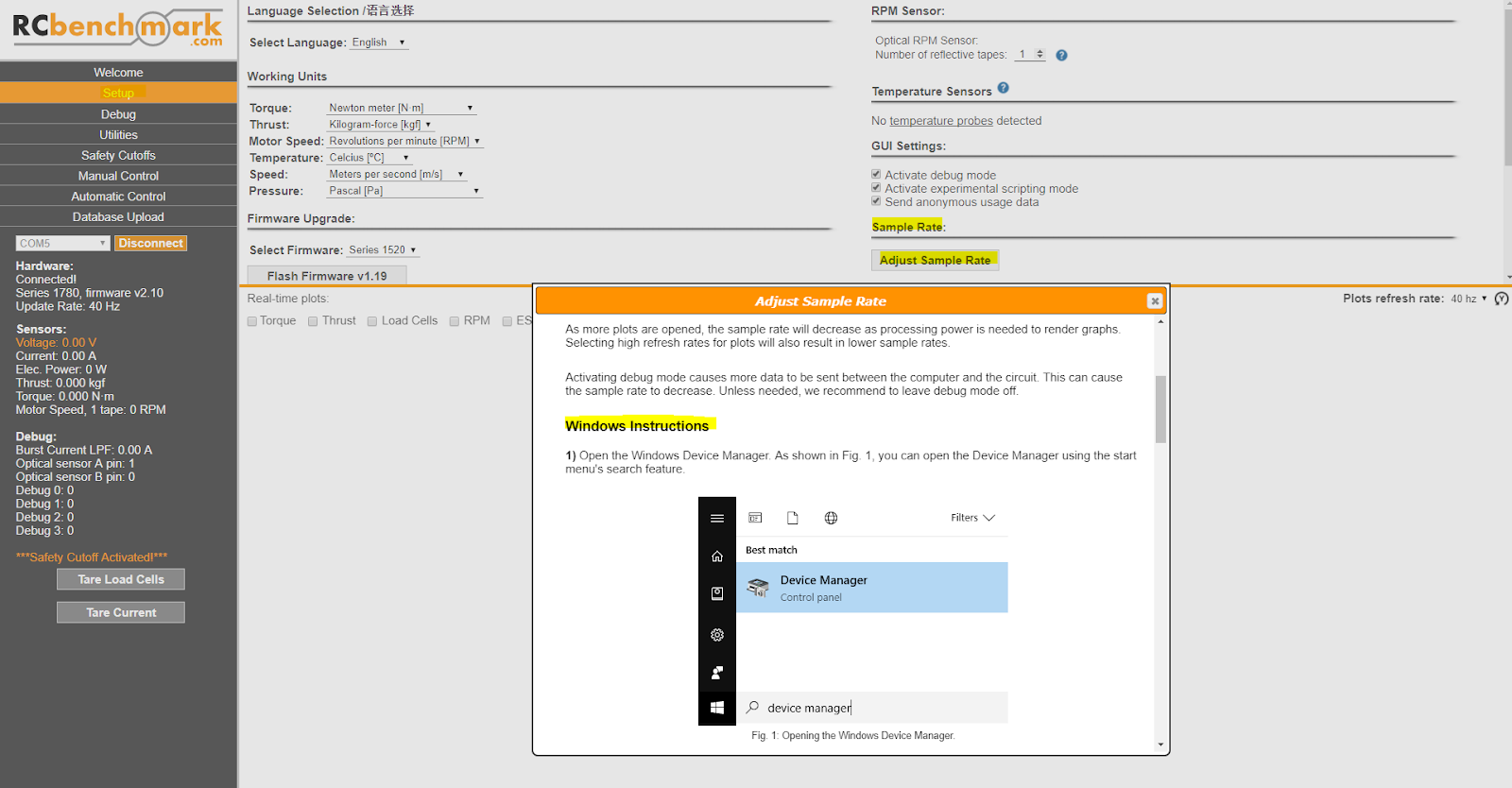 RCbenchmark software adjust sample rate