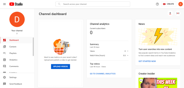 Setting up YouTube channel dashboard