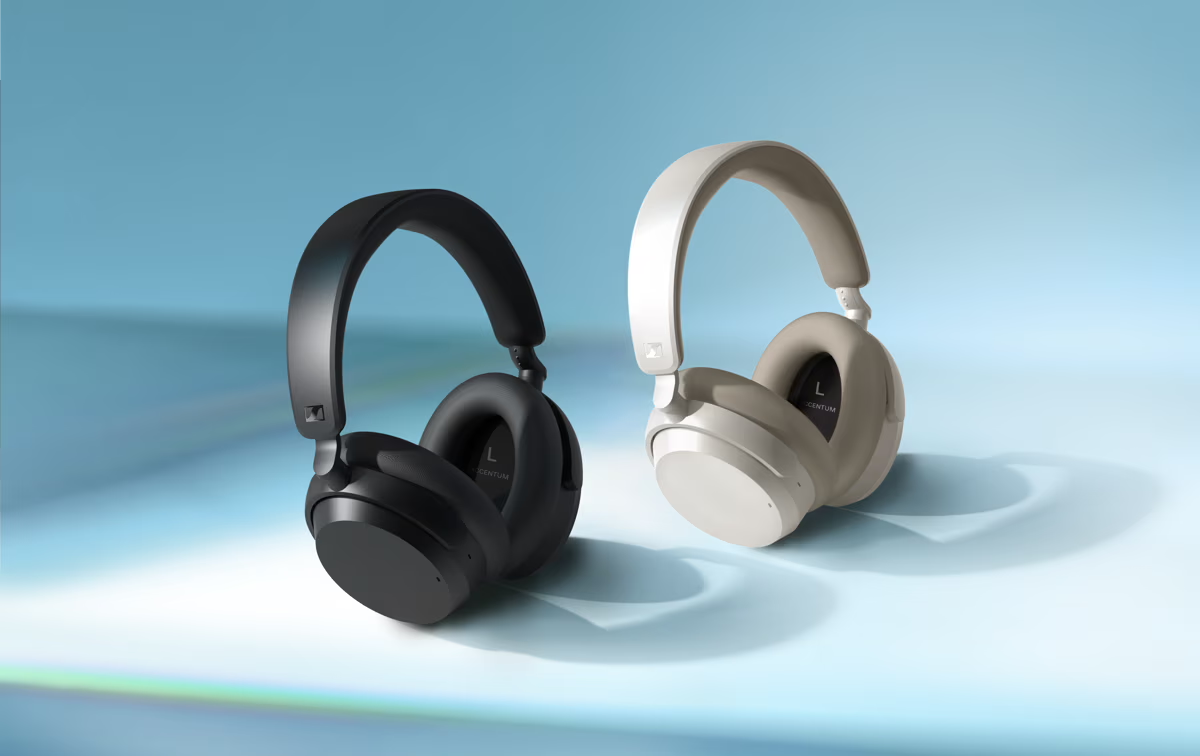 A pair of Sennheiser ACCENTUM Wireless Headphones in two different colors, left in black, and the right one in white.