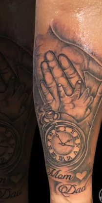 The Family Holding Hand With Pocket Watch Tattoo Honoring Parents
