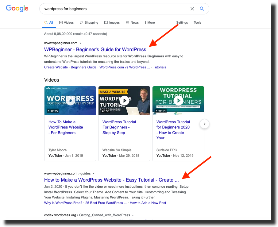 google search WordPress for beginners