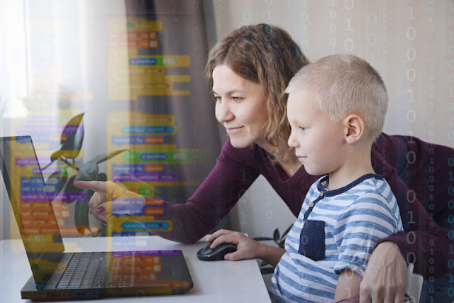 Scratch code overlaid on image of adult teaching coding to kid