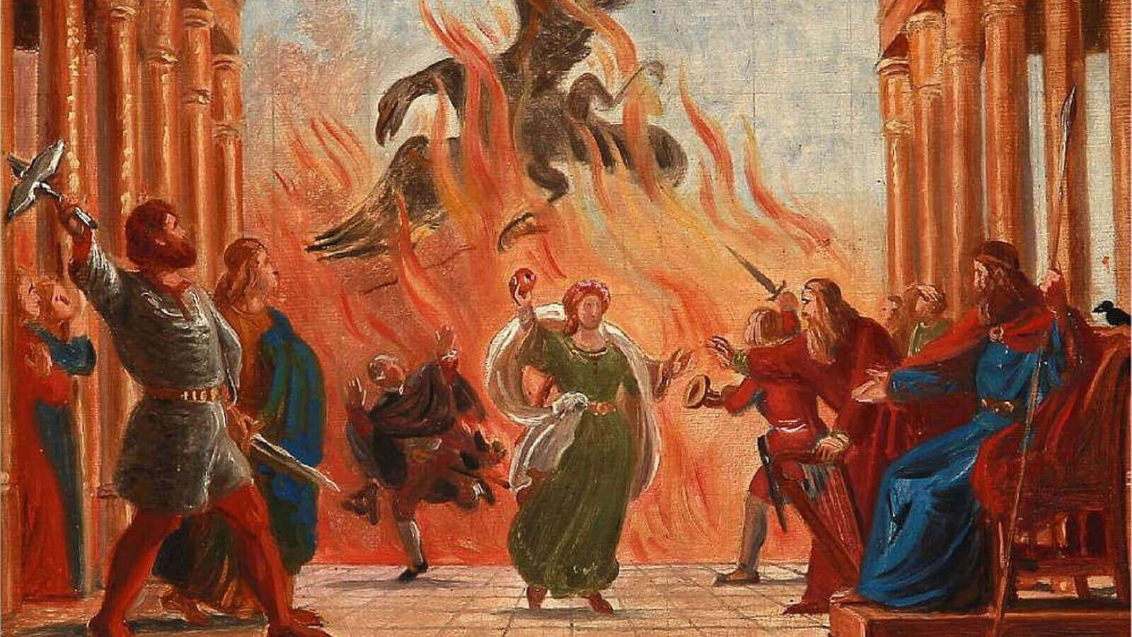 This image depicts Idun in a green dress, holding an apple above her head while standing among the gods. A chaotic fire blazes behind her.