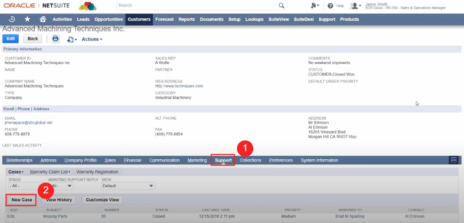 Two-step process for adding support cases to customer records in NetSuite. 