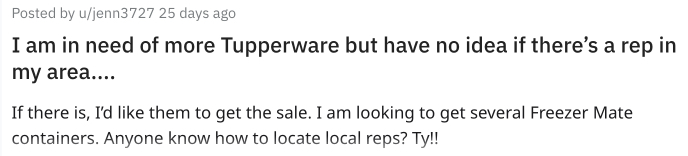 Tupperware customer can't find a rep close by