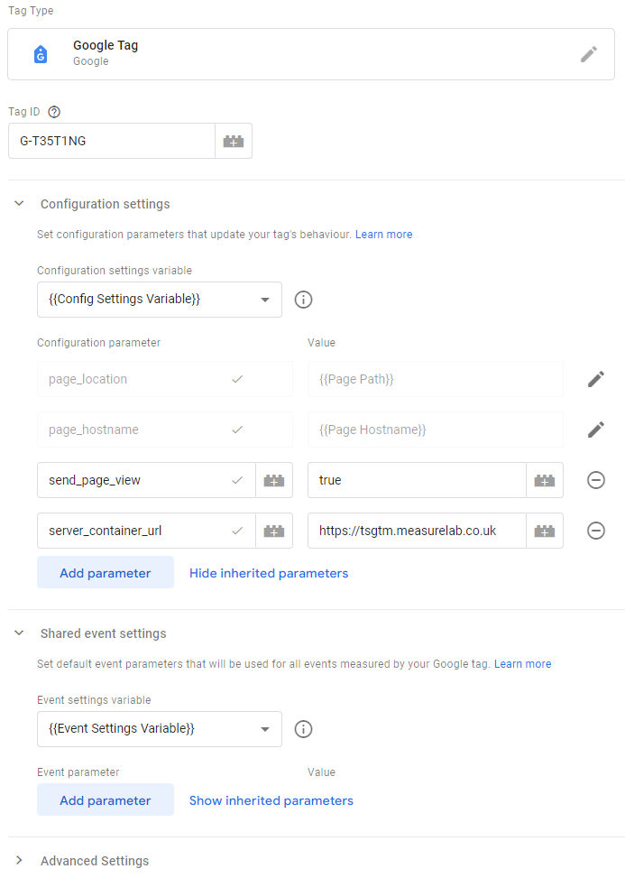 Google Tag Manager (GTM) Google Tag template tag screen