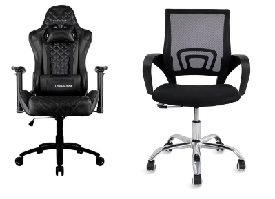 duas cadeiras pretas sendo comparadas: cadeira gamer e cadeira de escritório