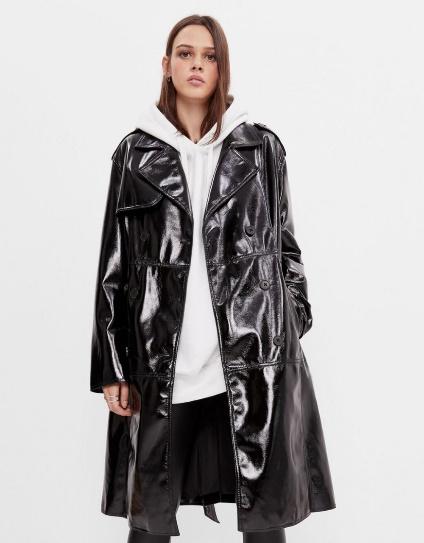 Womens Jackets & Coats | Bershka Vinyl Trench Coat Black - Jessica Vadney