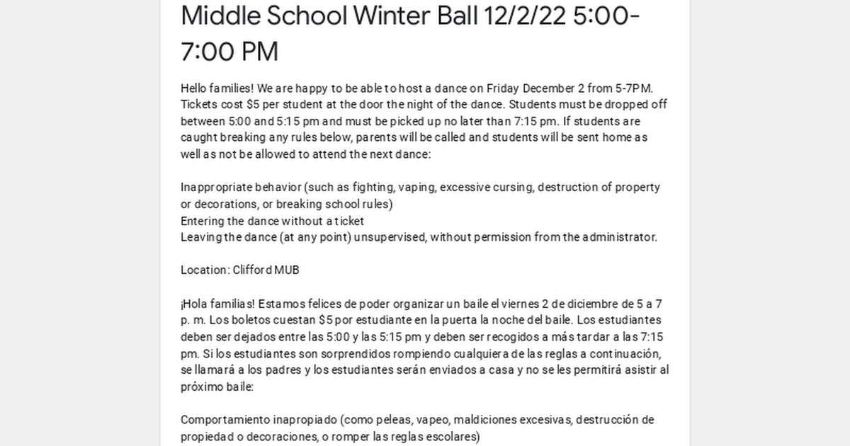 Middle School Winter Ball 12/2/22 5:00-7:00 PM