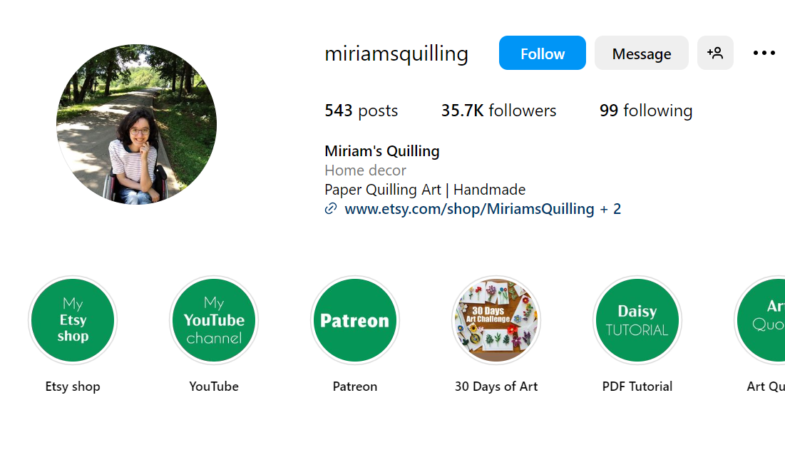 Screenshot of @miriamsquilling profile page on Instagram