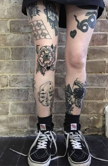 Lady shows off her leg patchwork tattoo with class