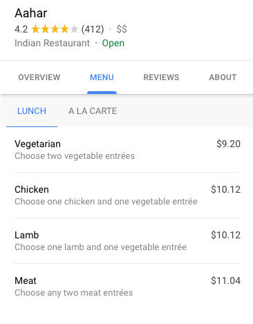 google my business for restaurants menu
