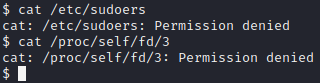 trying to cat /etc/sudoers or /proc/self/fd/3 gives permission denied errors.
