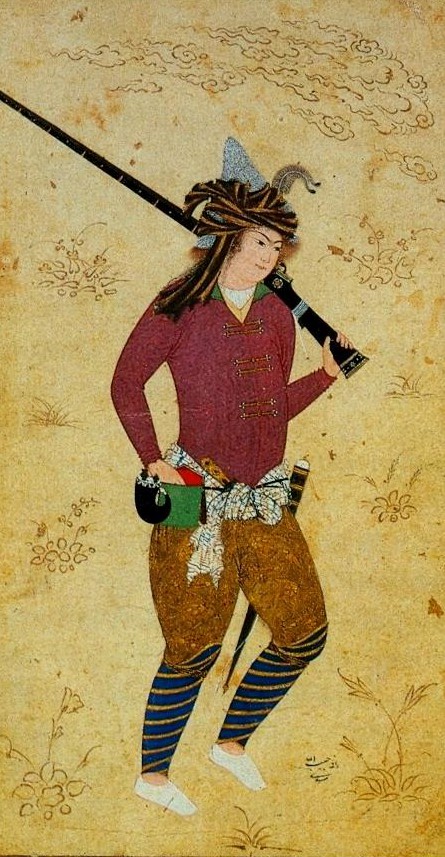 Painting of man wearing a traditional Persian military uniform with a long barreled rifle slung over their shoulder. Details in text.