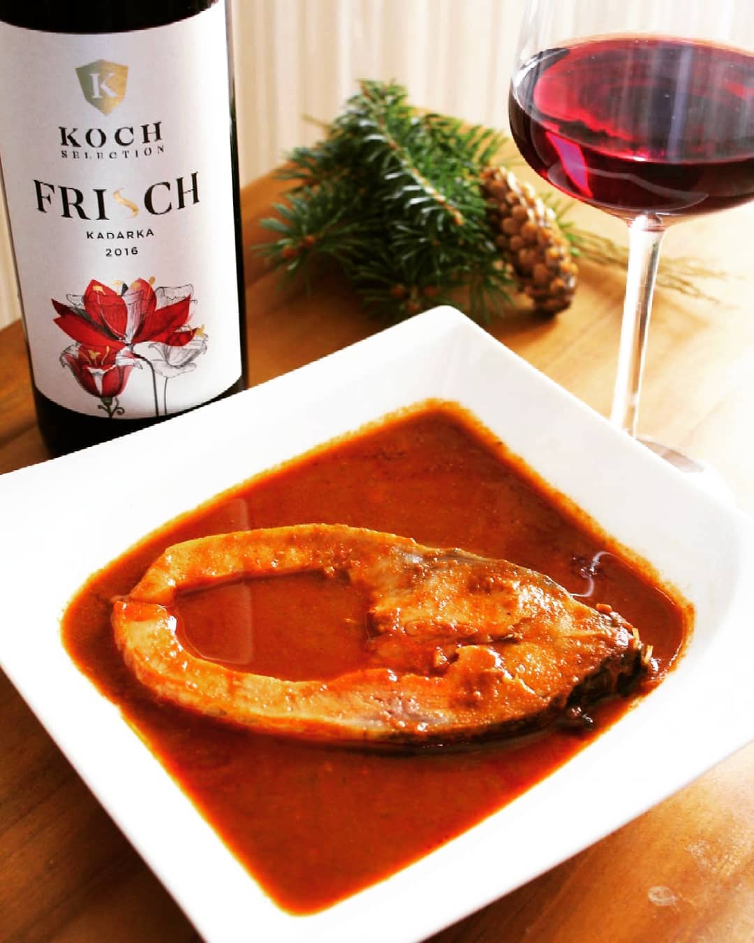 Halaszle, bright red soup with a decent helping of freshwater fish 