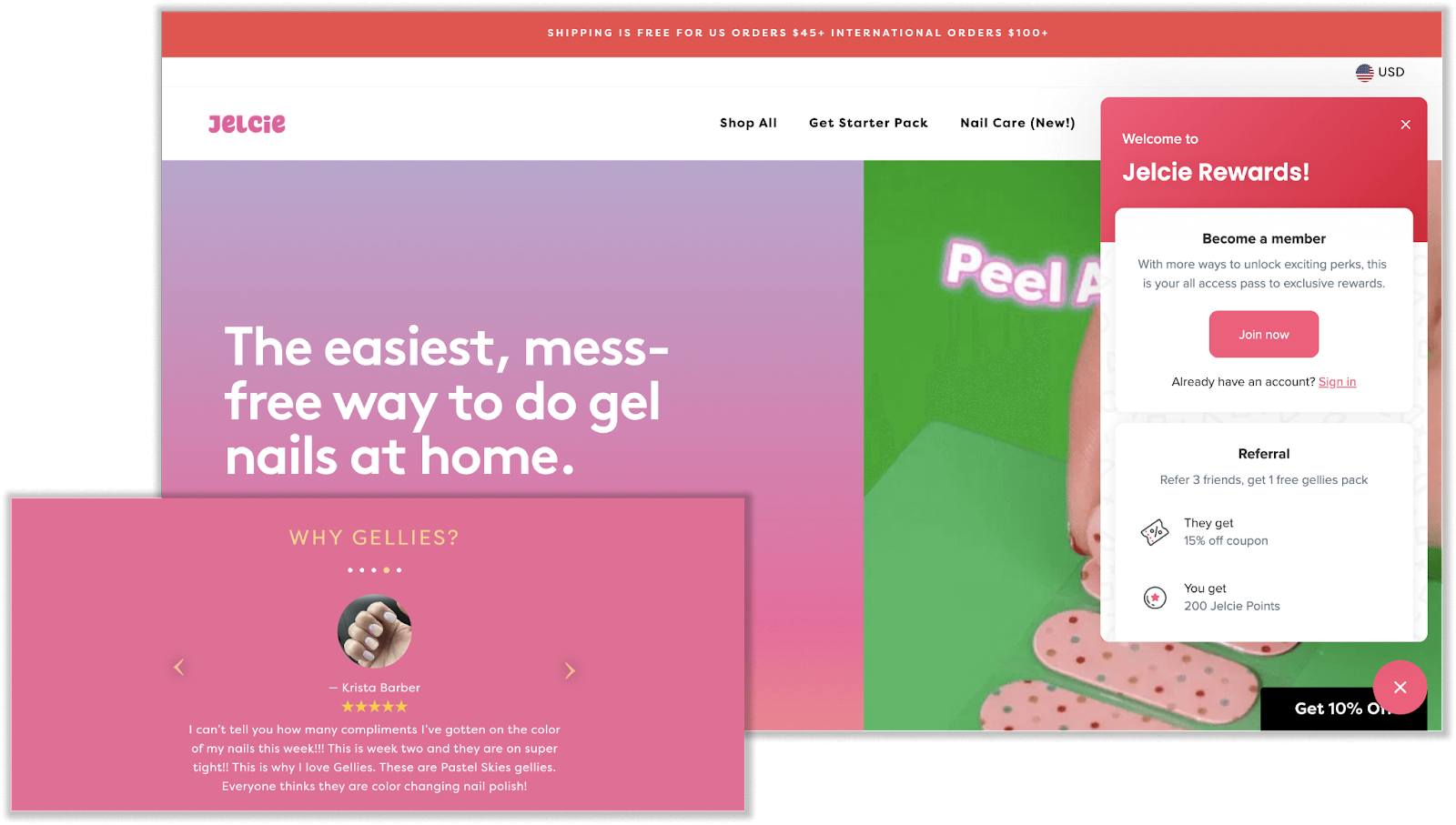 Loyalty Programs in the Beauty Industry–A screenshot of Jelcie Nails’ homepage showing their rewards program panel on the right side. On the left side, there is a review with an image of a manicured hand. The review is for 5 stars from Krista Barber and says, “I can’t tell you how many compliments I’ve gotten on the color of my nails this week!!! This is week two and they are on super tight!! This is why I love Gellies. These are Pastel Skies gellies. Everyone thinks they are color changing nail polish!”