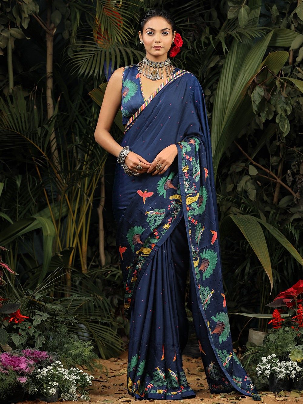 the loom - Blue printed modal satin saree
