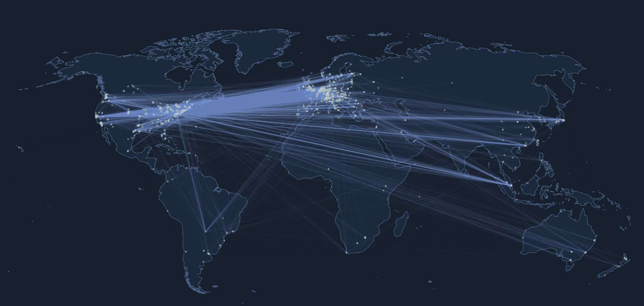 A world map with glowing dots and lines