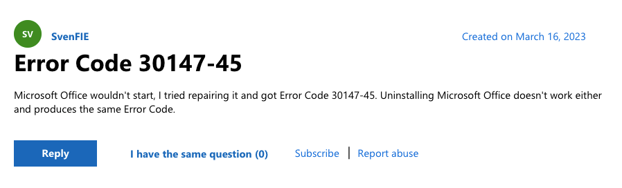 Microsoft Office Error Code 30147-45