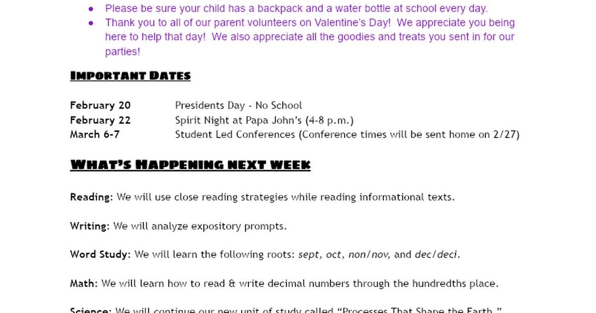 4th Grade Newsletter 2/21/23
