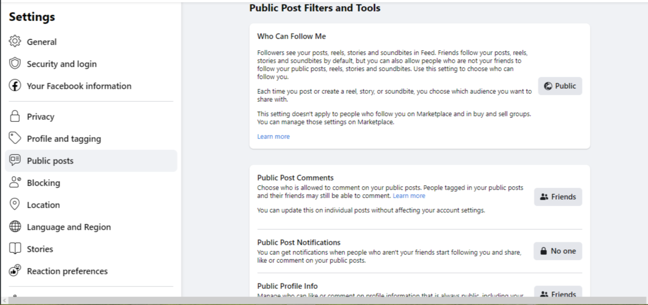 Edit facebook public post filters