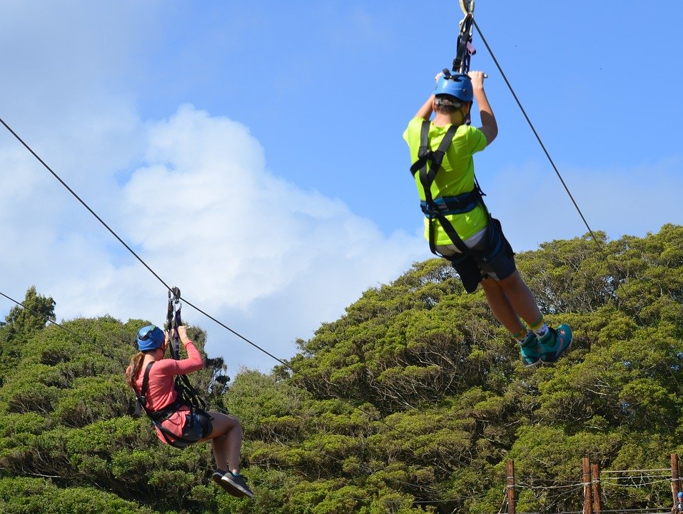 Adventurers riding a zipline through the trees.