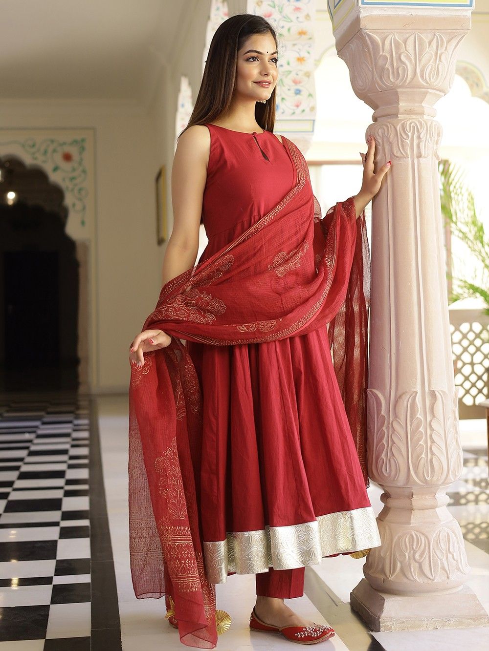 the loom - Red Gota Cotton Anarkali Suit