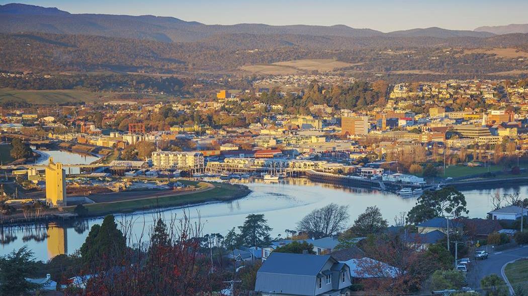 Downtown Launceston, Tasmania along the calm Tamar River.