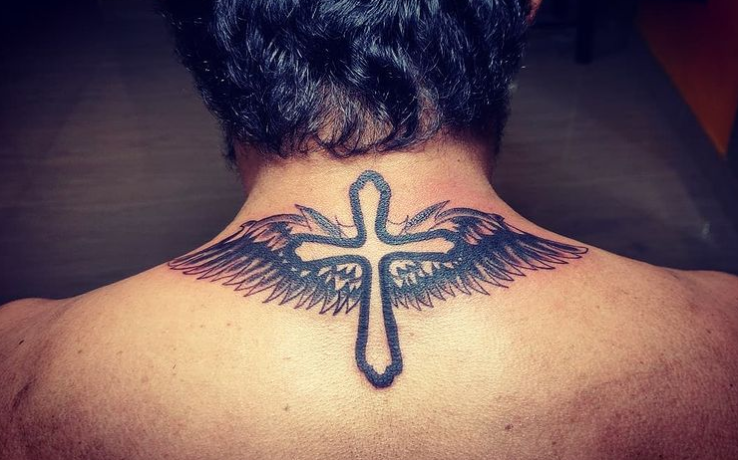 Cross Back Neck Men Tattoo