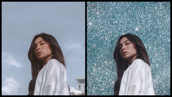 Montagem com 2 fotos da mesma mulher asiática posando de lado mostrando o antes e depois da edição.