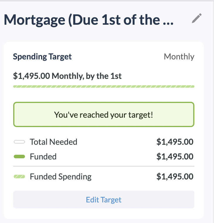 The mortgage category has a "Needed for Spending" target set with its monthly due date. 