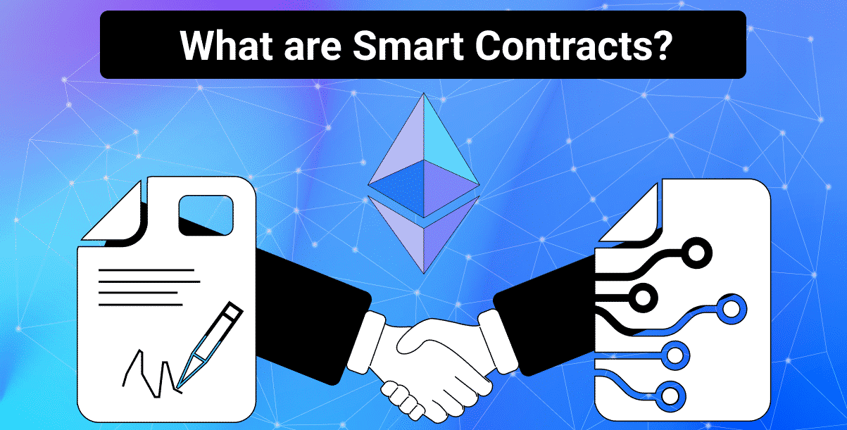 Two users shaking hands while holding Solana smart contracts.