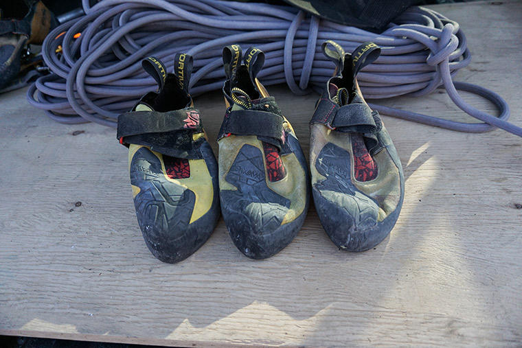 Three pairs of La Sportiva Skwama climbing shoes in need of repair