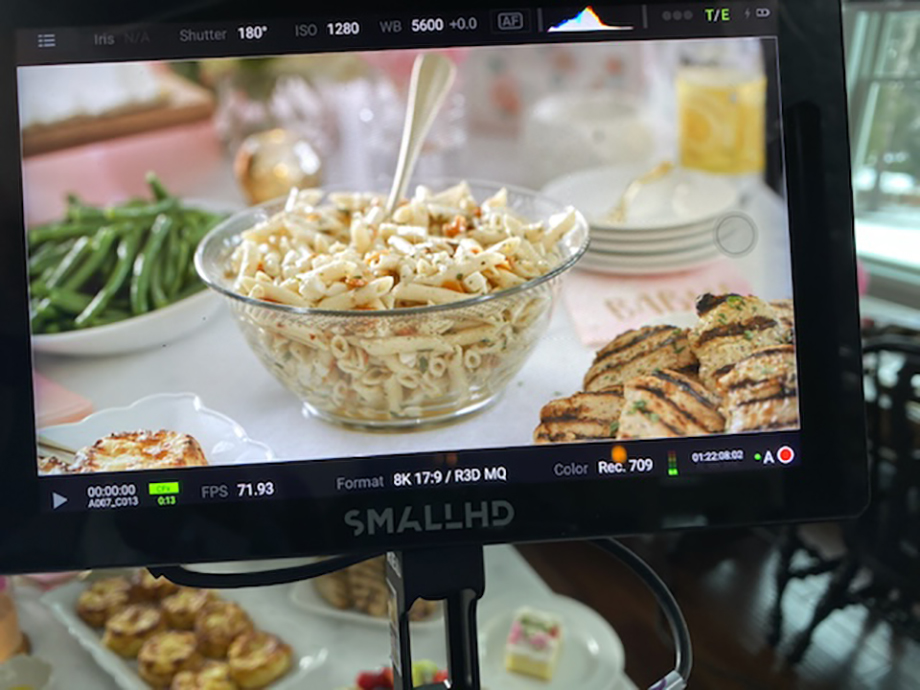 Close up of screen showcasing a bowl of pasta salad shot by videographer Will Strawser for Wegmans Meals 2GO TV spot.