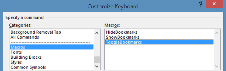 Select ToggleBookmarks macro to create custom shortcut
