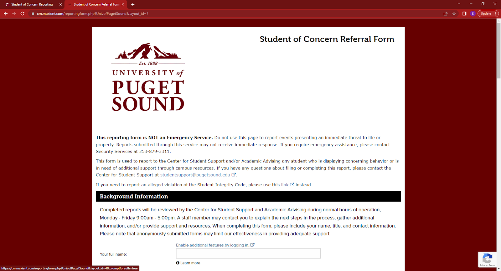 Student of Concern Referral Form screen capture