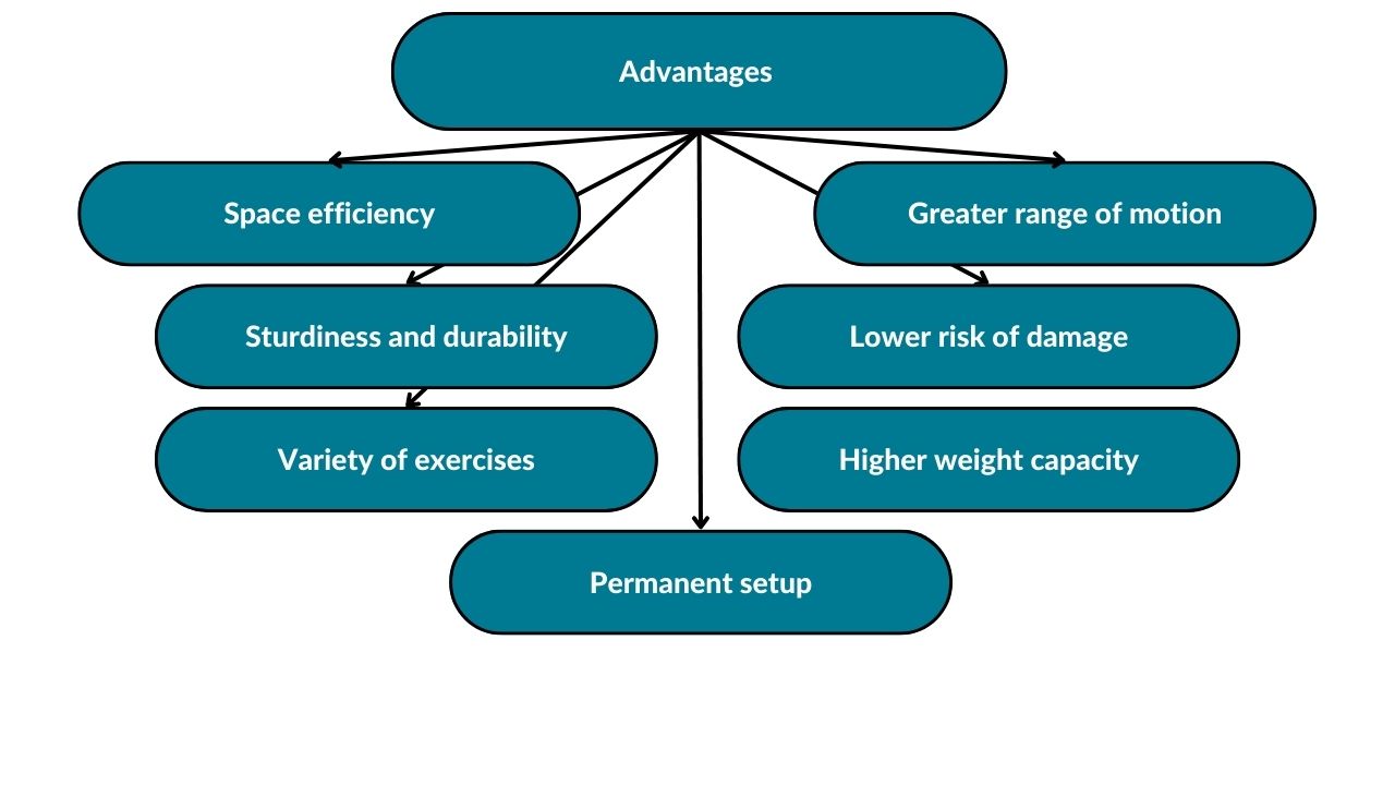 The image showcases the advantages of a wall-mounted pull-up bar compared to other types of pull-up bars. These include space efficiency, sturdiness and durability, variety of exercises, permanent setup, higher weight capacity, lower risk of damage, and greater range of motion.