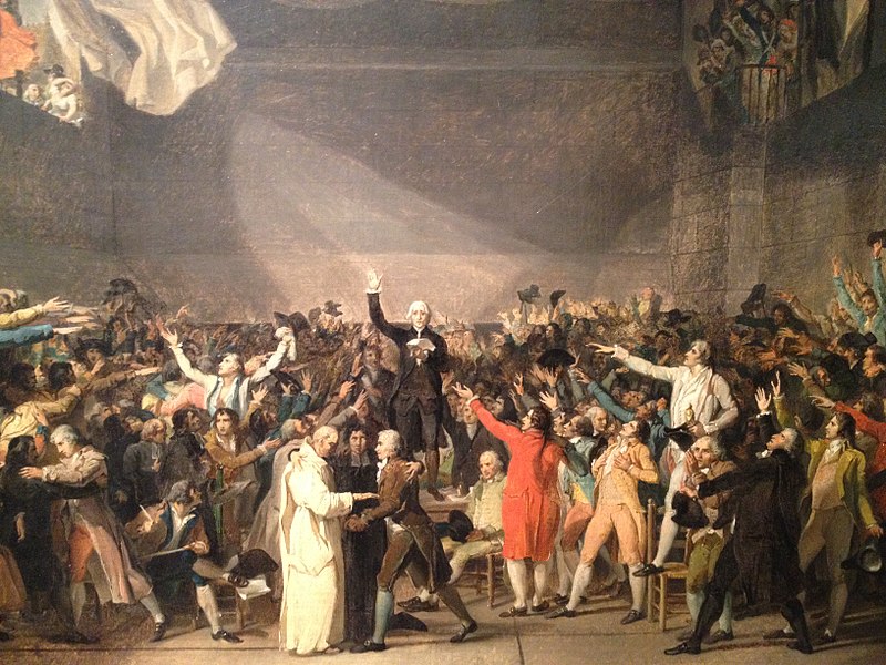 Painting of the members of the newly-declared National Assembly taking the Tennis Court Oath, with arms outstretched.