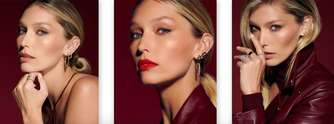 A blonde model wearing different earrings and fashion rings by Michael M with a burgundy background and clothing that she is wearing in the three images.
