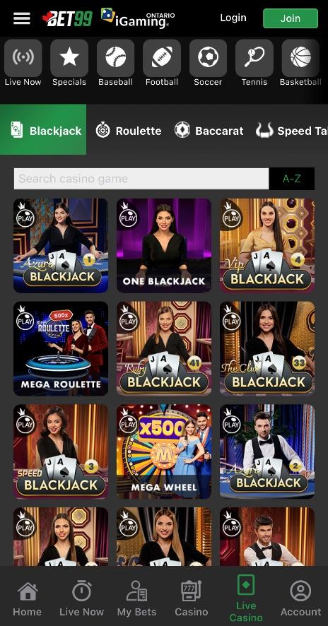 Bet99 App Live Casino Tab
