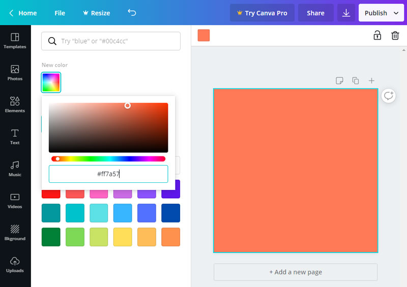 Custom hex background color in Canva