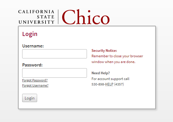 Chico State Portal Log in page to enter username and password.