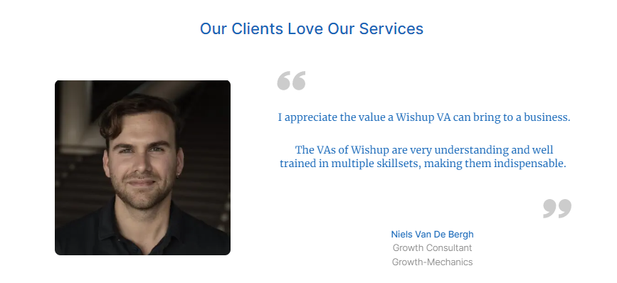 Wishup Virtual Assistant testimonial screenshot by a client